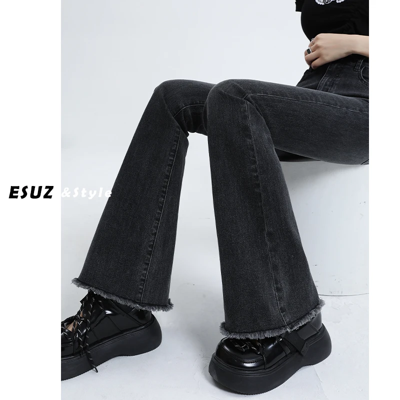 黑灰色牛仔喇叭微喇秋季春季外穿小个子秋装阔腿休闲秋冬