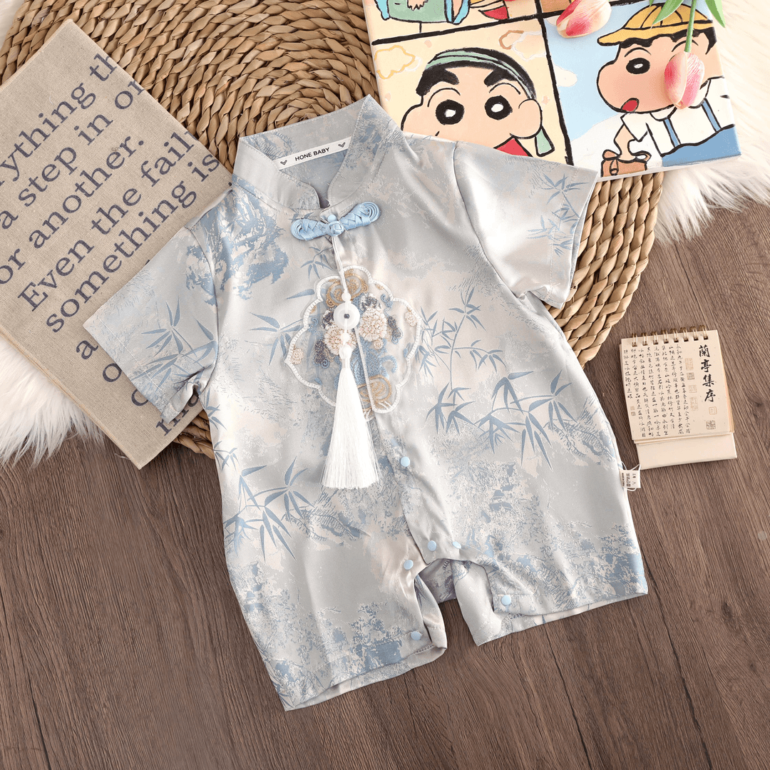 婴儿夏装短袖衣服国风哈衣男女宝宝连体衣夏季中国薄款满月百天