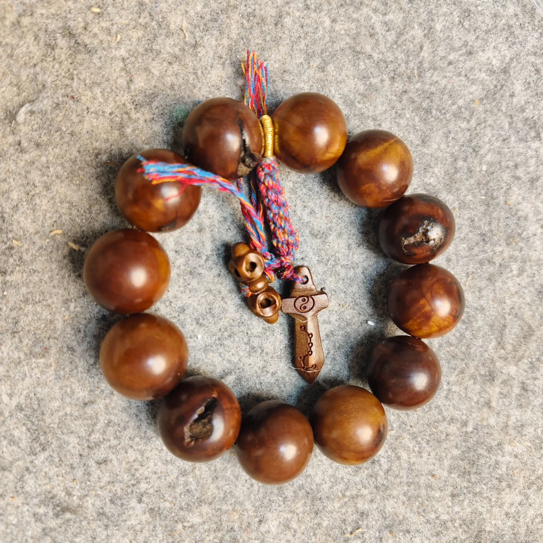 雷击枣木雷痕手串搭配七星剑+降魔杵手串2.0念珠男女文玩单圈佛珠