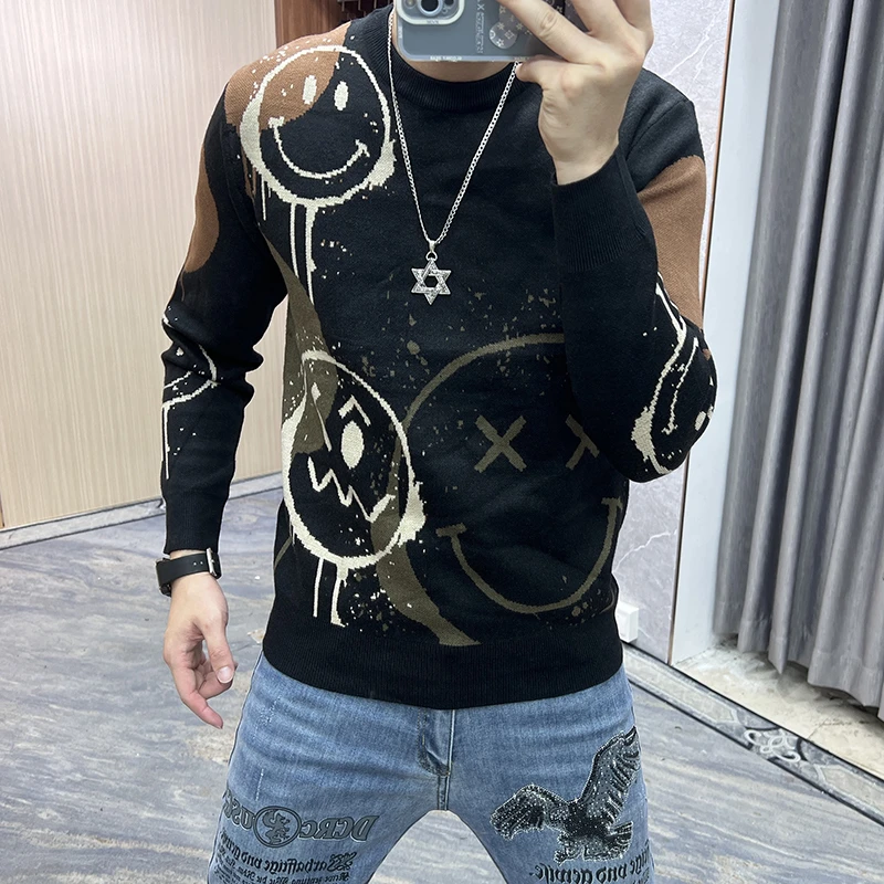 2024春秋新款男装针织衫毛衣圆领加厚保暖印花青年上衣毛线衣男士