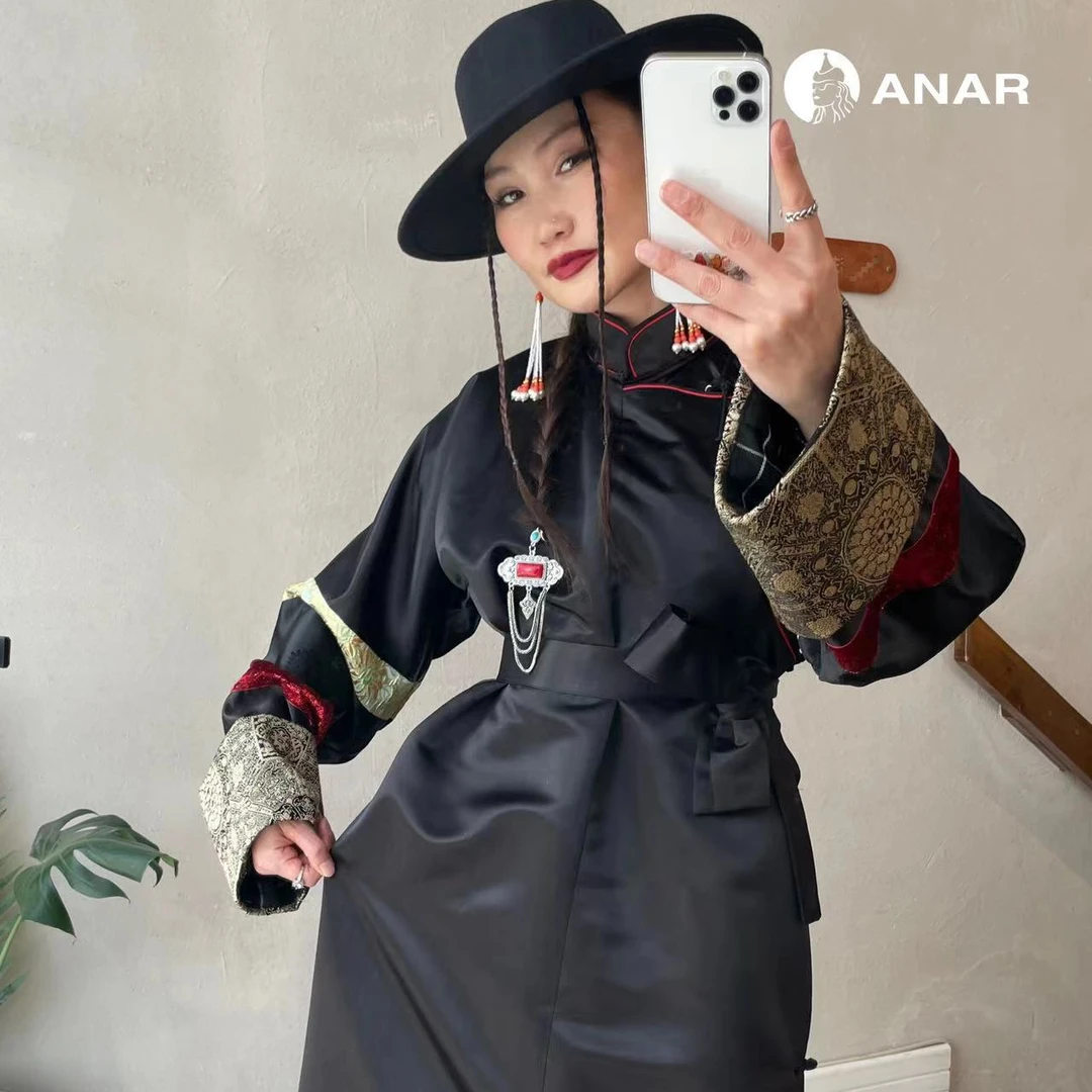 ANAR原创设计蒙元素民族风袍子女士复古传统黑色黑色女款