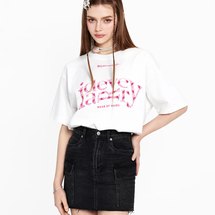 IDEVERRAY玫瑰聚像新款百搭全棉简约舒适短袖DB