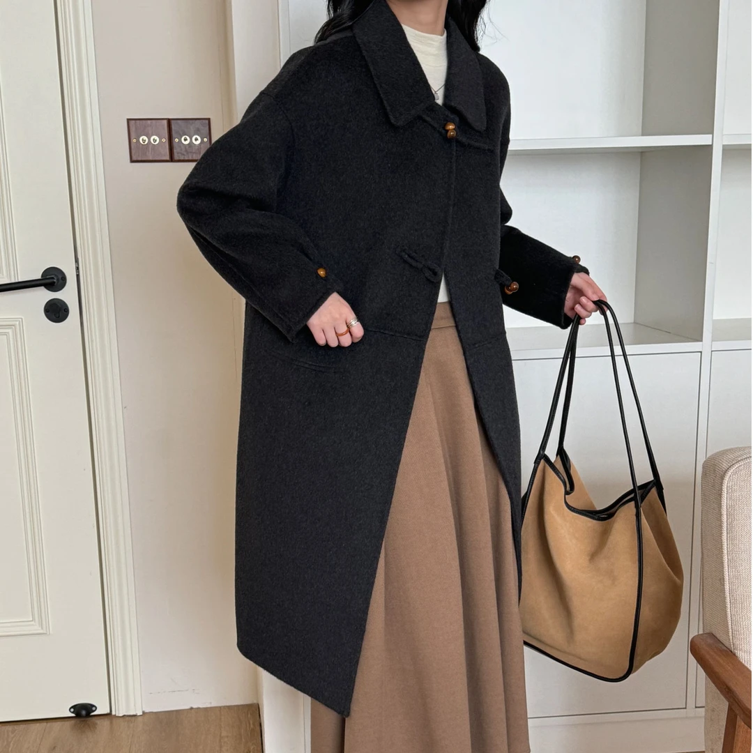 高端精致款羊绒天丝羊毛混纺中长款大衣双面呢子气质百搭