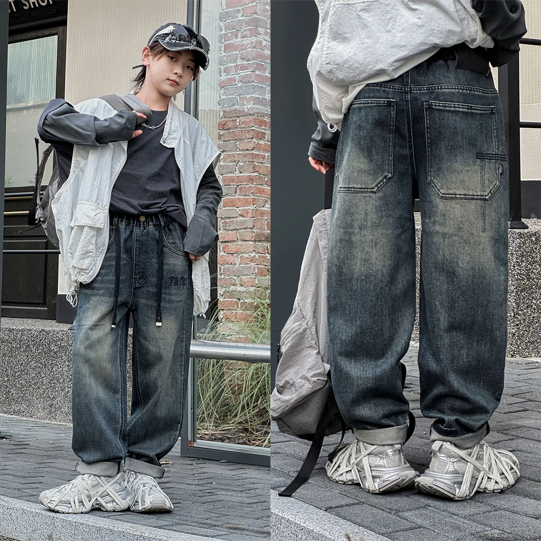 春夏老爹裤复古高街复古宽松潮流水洗做旧大码韩版港风牛仔裤子