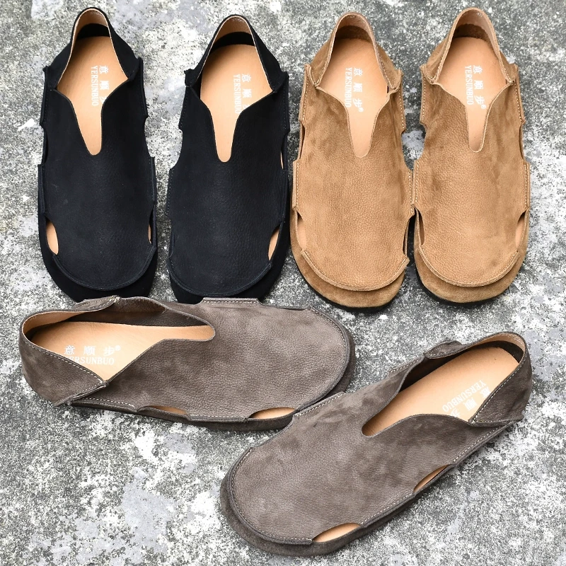 男士真皮凉鞋2024夏季新款休闲镂空透气洞洞鞋软皮一脚蹬包头拖鞋