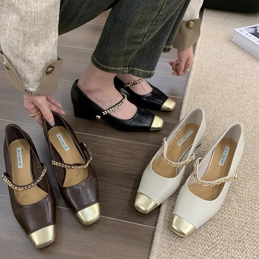 链条玛丽珍鞋女鞋子2023年秋冬新款粗跟浅口小香风单鞋666-22