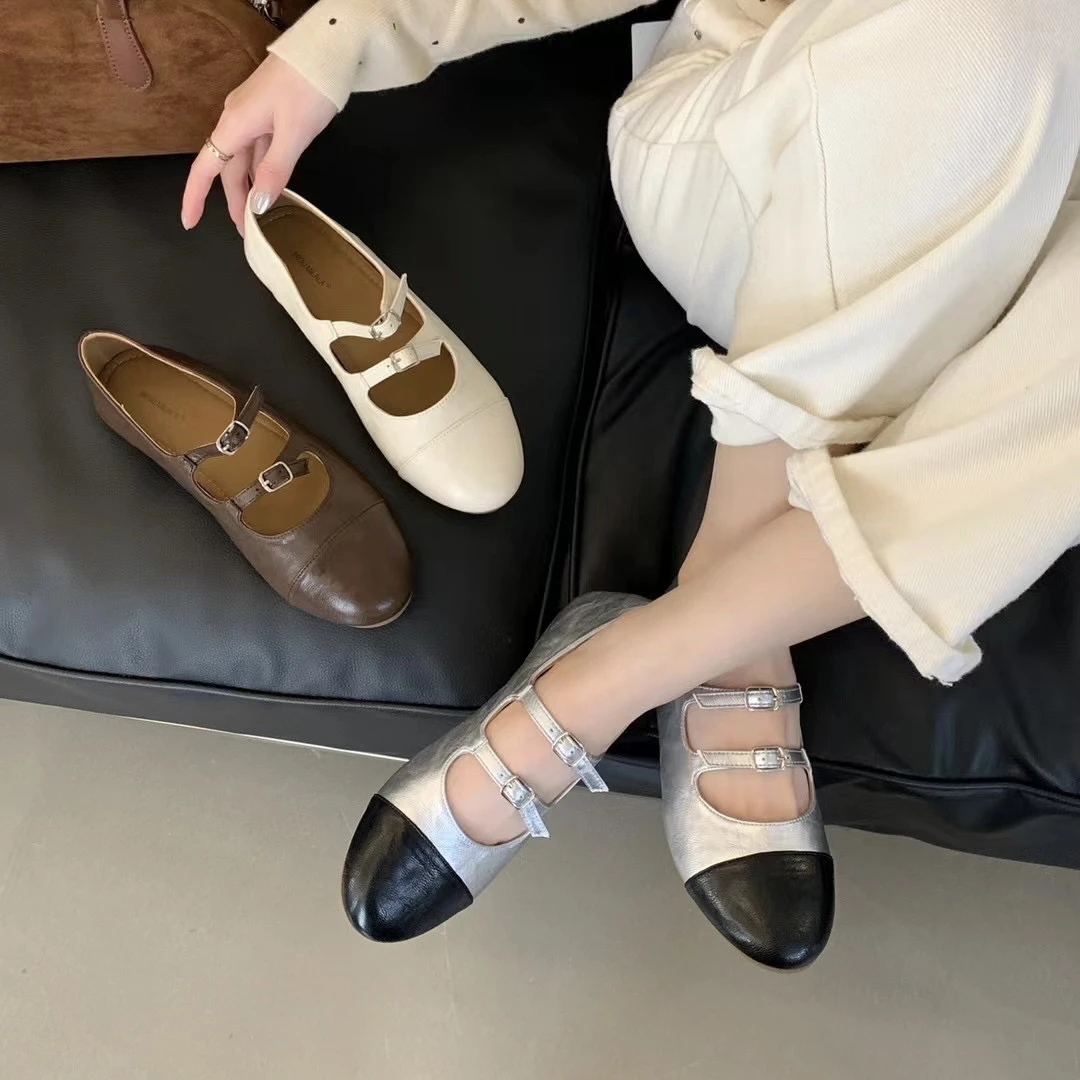 复古双扣带浅口单鞋女年新款豆豆法式奶奶鞋平底玛丽珍鞋T3-6