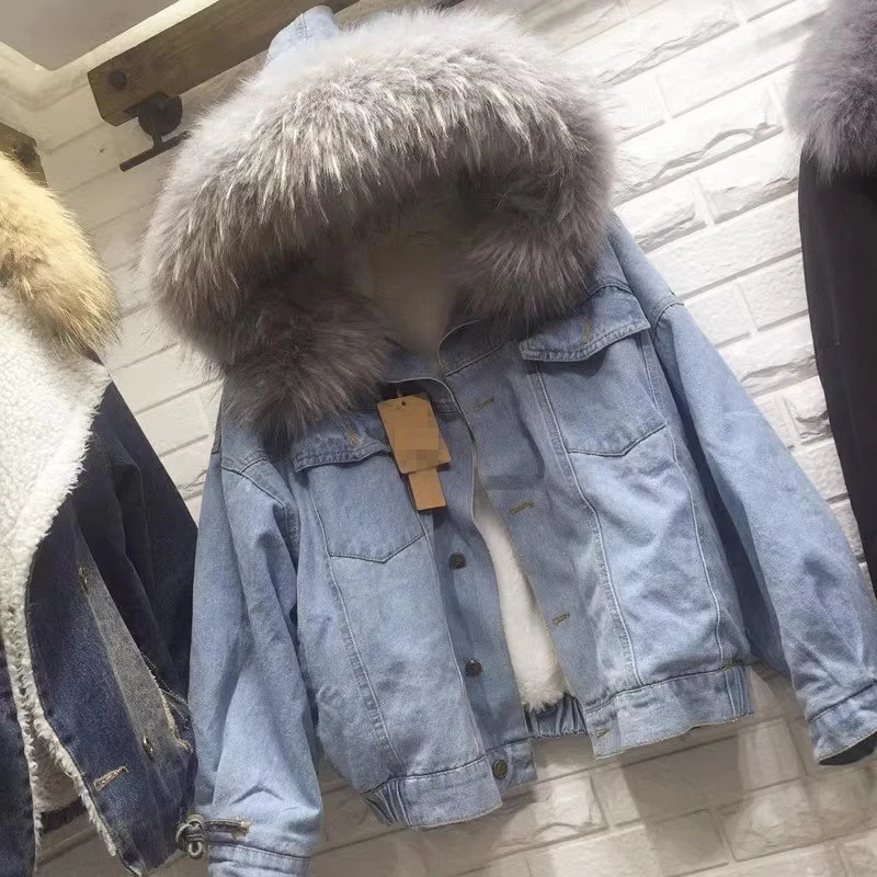 2023秋冬新款韩版加厚df原宿羊羔毛牛仔外套女加绒大毛领棉服女冬