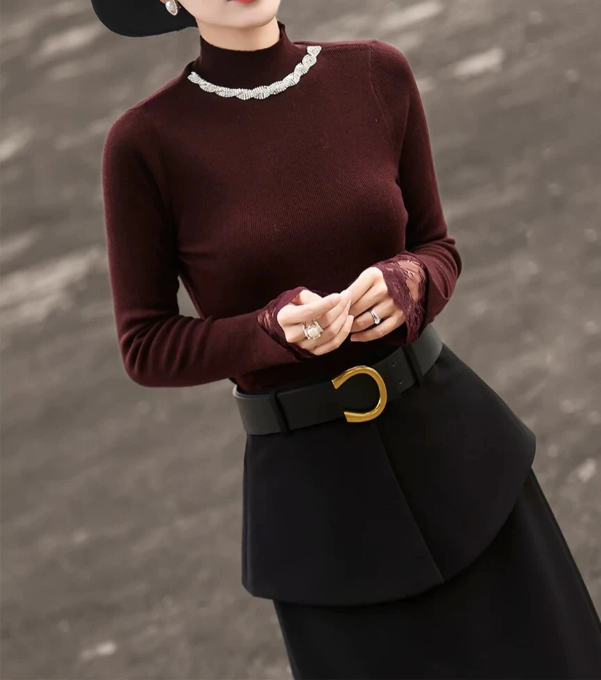 【千金坊】新款高品质高版本蕾丝拼接设计版毛衫