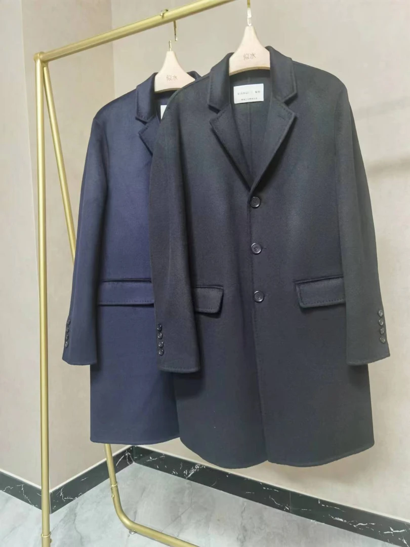 似水男士100%小山羊绒14-15微米双面纯羊绒大衣中款