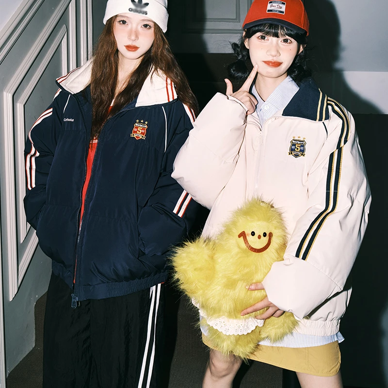 美式复古撞色条纹刺绣棉服女冬季新款设计感外套宽松面包保暖棉衣