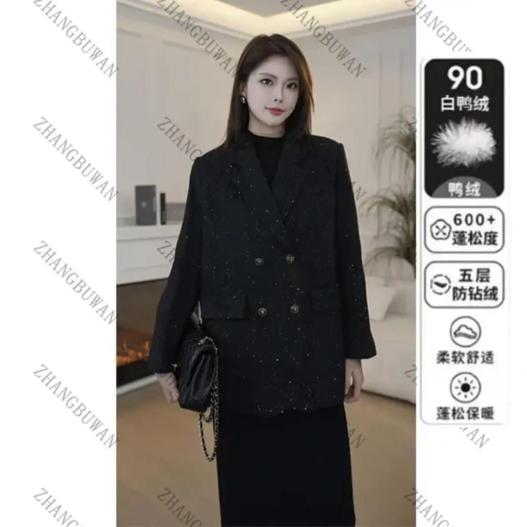 MEET/轻奢气质高级感黑色西服保暖亮丝细闪冬季新款加绒加厚西装