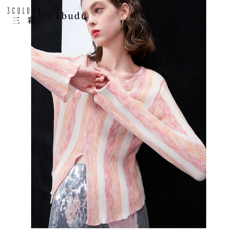 三彩ibudu2025春季新款晕染条纹针织衫V领开叉毛衫修身时尚女