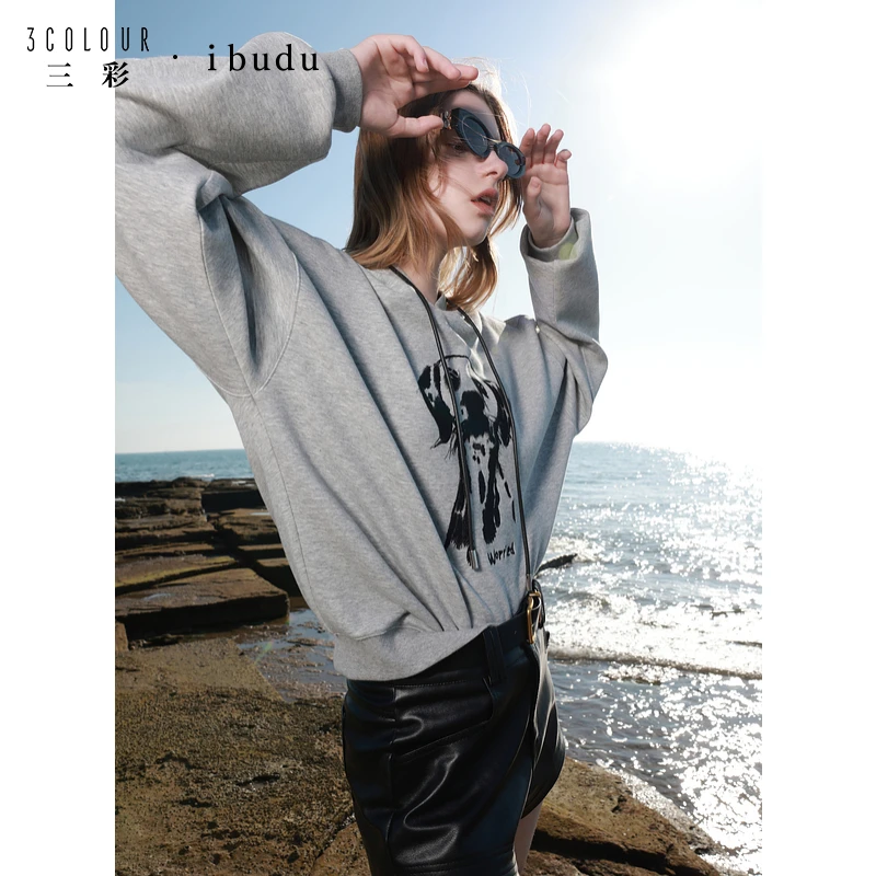 三彩ibudu2025春季新款连帽空气层卫衣宽松狗狗绣花套头衫潮酷女