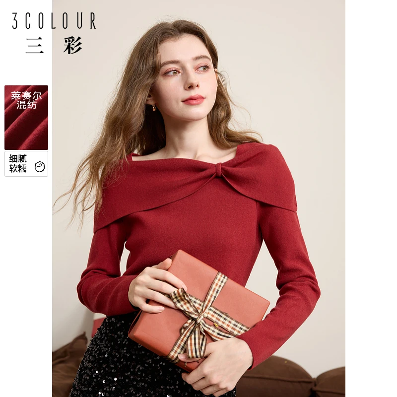 三彩独醒2024冬季新款蝴蝶结毛衣一字领针织衫氛围感圣诞F