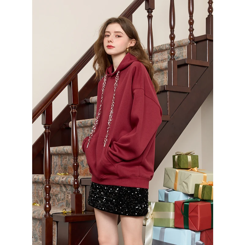 三彩2025春季新款连帽卫衣宽松套头衫落肩袖休闲上衣安可拉红M