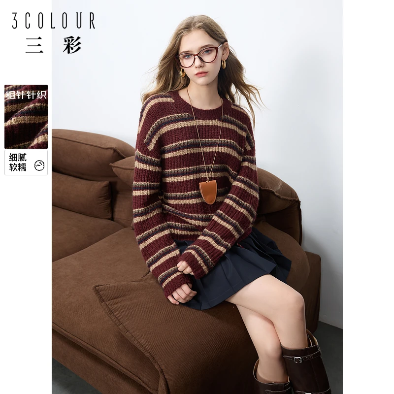 三彩2024冬季新款宽松圆领安可拉红条纹针织衫落肩袖毛衣套头衫