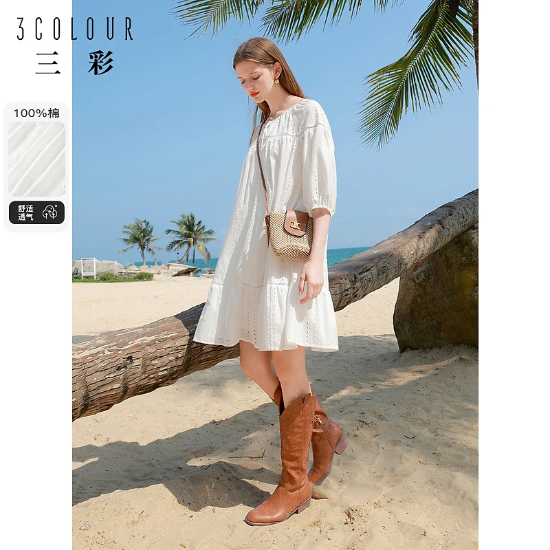 三彩2024夏季新款纯棉绣花娃娃裙圆领系带连衣裙七分袖短裙甜美M