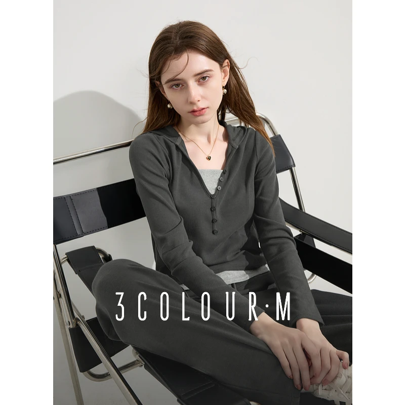 三彩2025春季新款两件套休闲套装假两件卫衣宽松直筒裤长裤时尚M