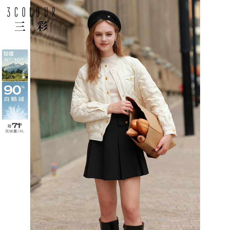 三彩2024冬季新款宽松短款轻薄白鹅绒外套保暖羽绒服圆领女
