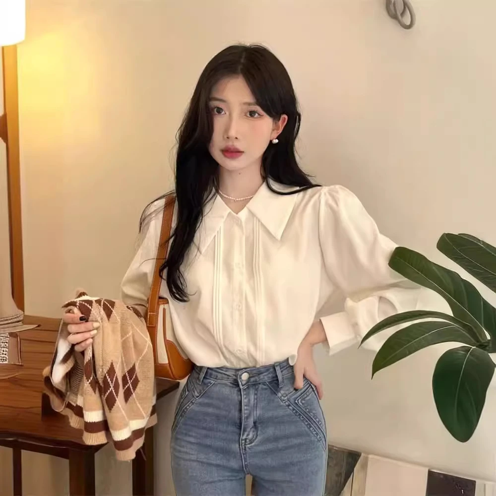 高级感白色衬衫女春秋内搭设计感小众polo领长袖衬衣个性雪纺上衣