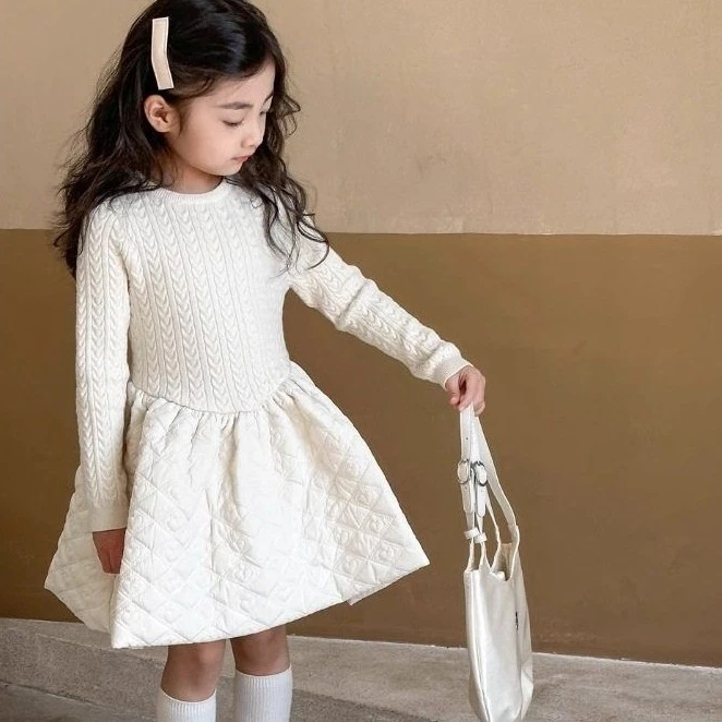 春秋儿童女童法式时髦优雅格纹拼接针织衫连衣裙秋冬中大童芭蕾毛