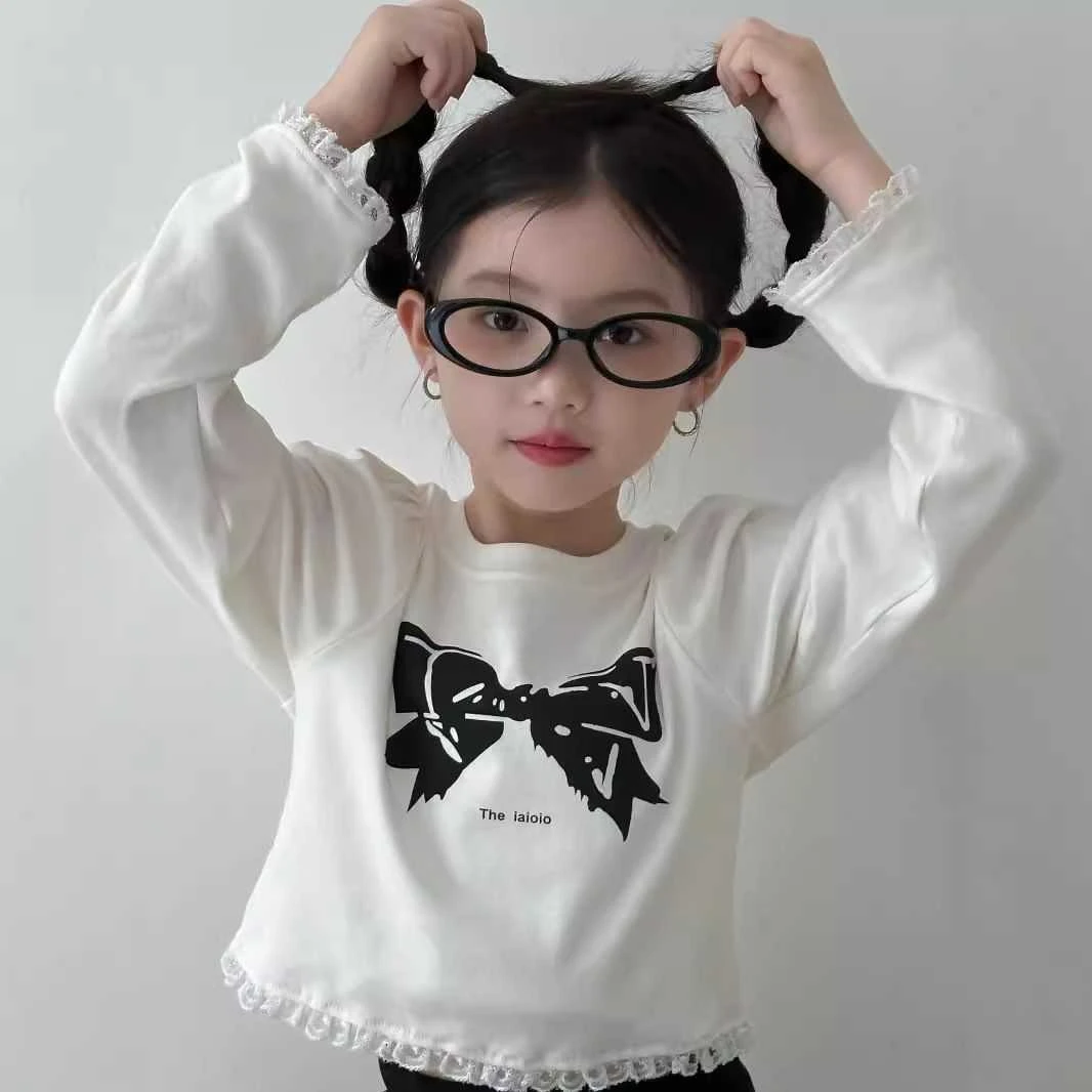 宝宝2024秋款韩国女童蝴蝶结印花短款t恤衫中小童女宝花边打底衫