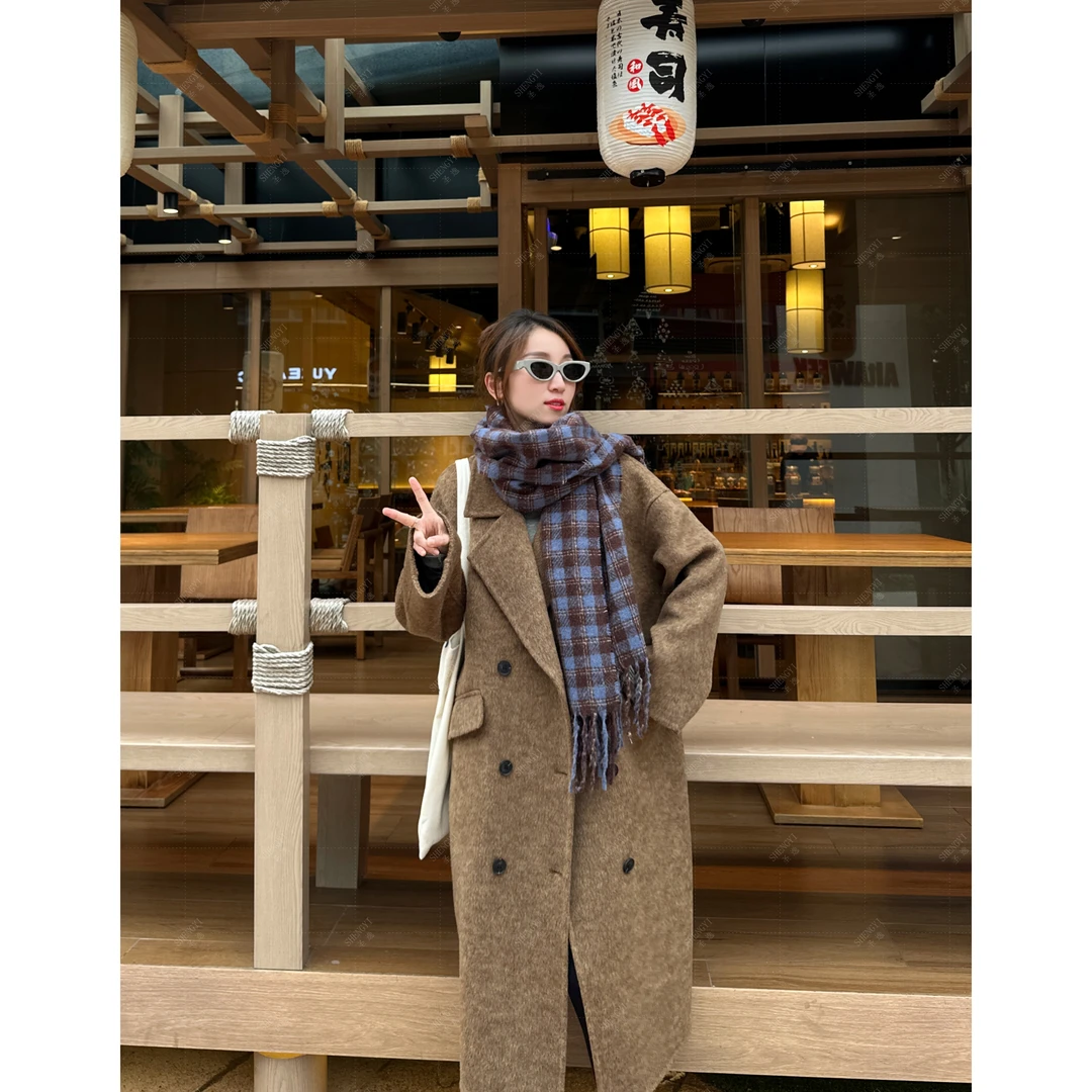 圣逸【首尔时光】双面手缝大衣复古气质韩版中长款宽松秋冬长款毛呢