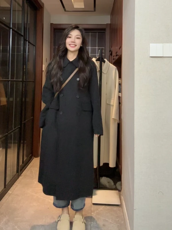圣逸美拉德显瘦双面呢大衣双排扣秋冬宽松韩版中长款黑色厚大衣