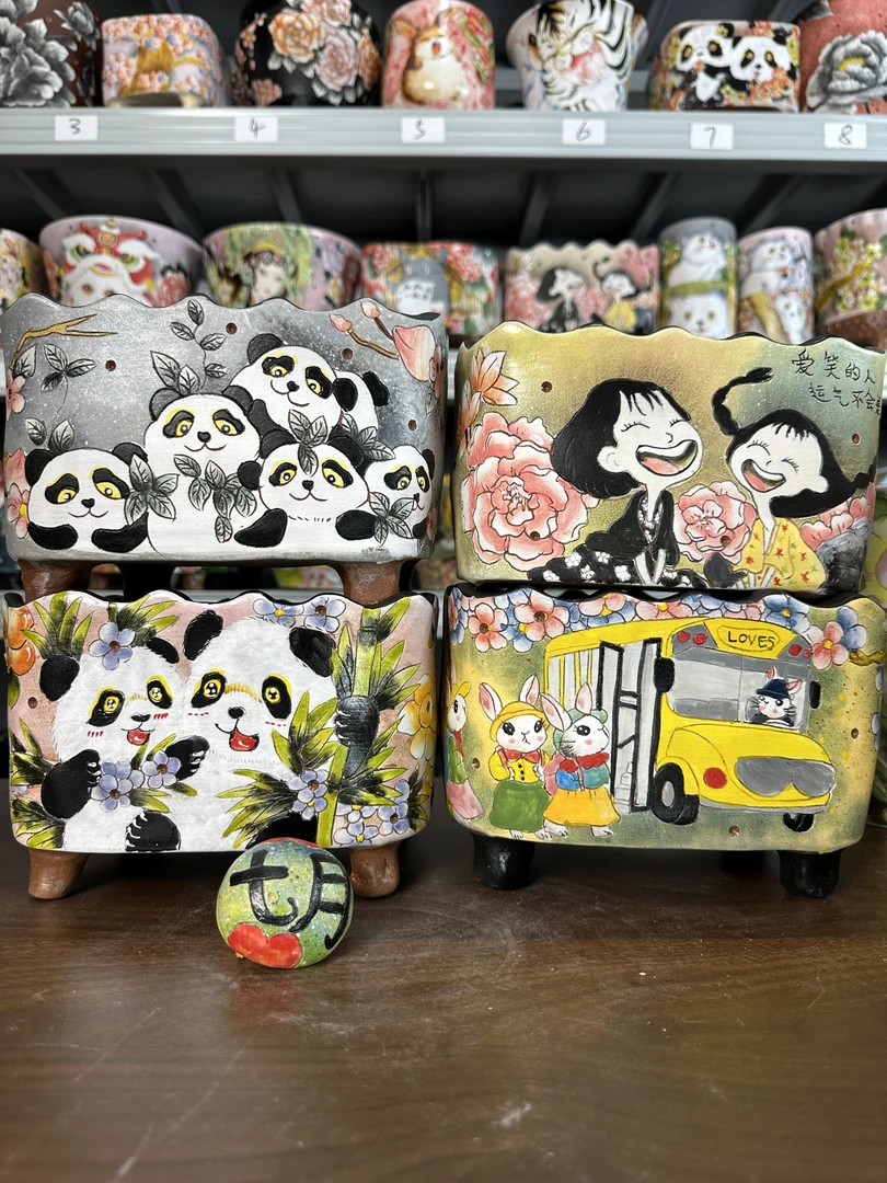 一只七月景德镇精品手绘镶钻红陶盆透气吸水手捏带脚方盆拼盘花盆