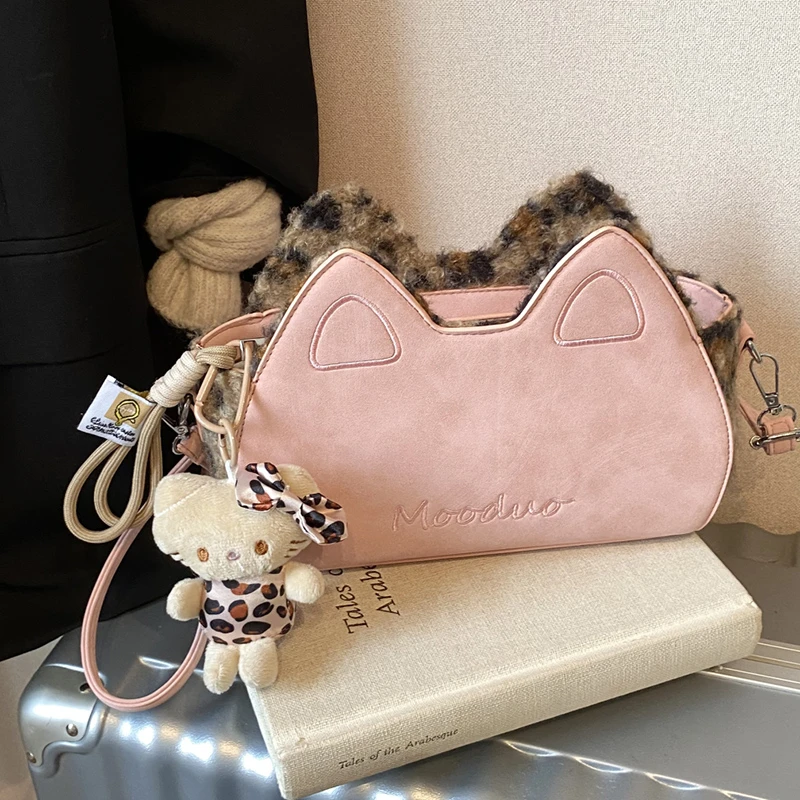 粉色猫耳朵可爱包包女2024新款时尚豹纹毛绒女包韩版单肩斜挎包