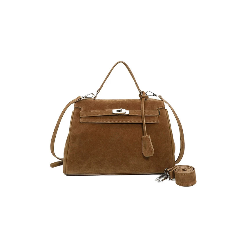 2024头层牛皮高级质感丝绒锁扣单肩斜挎包