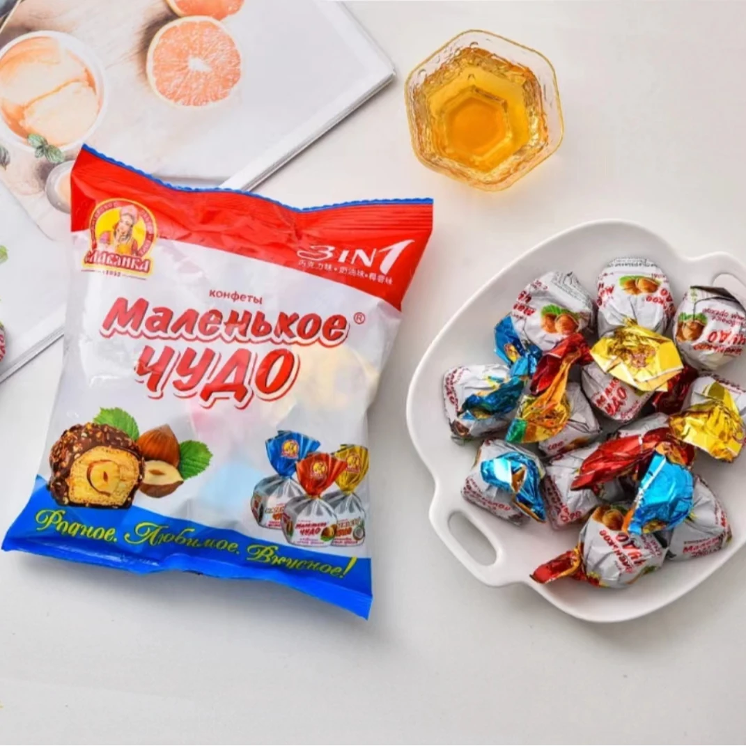 俄罗斯进口斯拉夫奶罐糖果巧克力榛仁夹心年货混合口味206g/袋