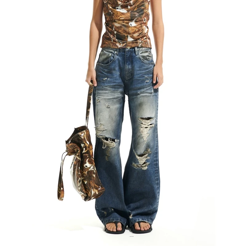 TWO LITTLE GUYS*破洞做旧油漆牛仔裤宽松磨洗直筒裤