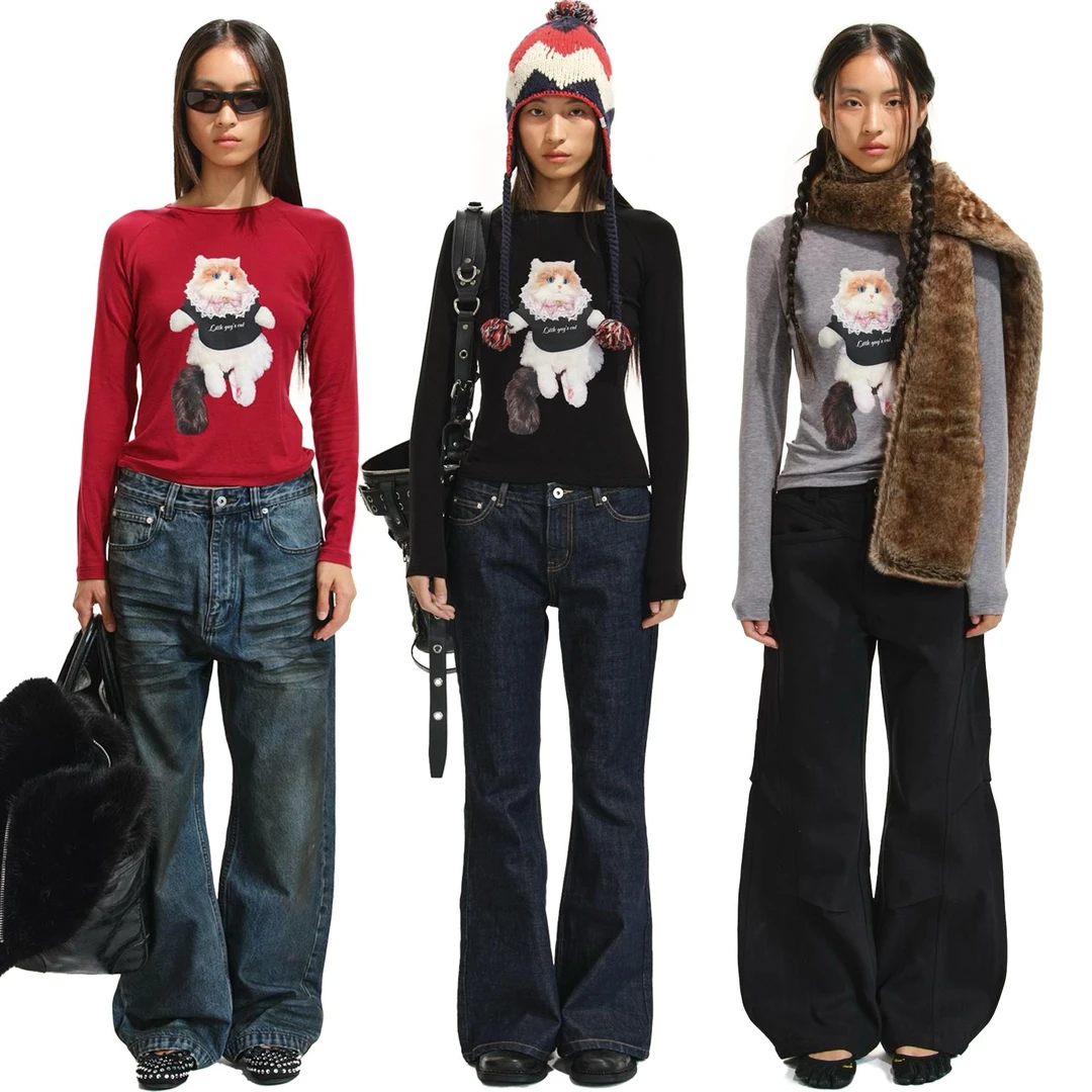 Two little guys*插肩袖"伯爵猫咪"印花打底T