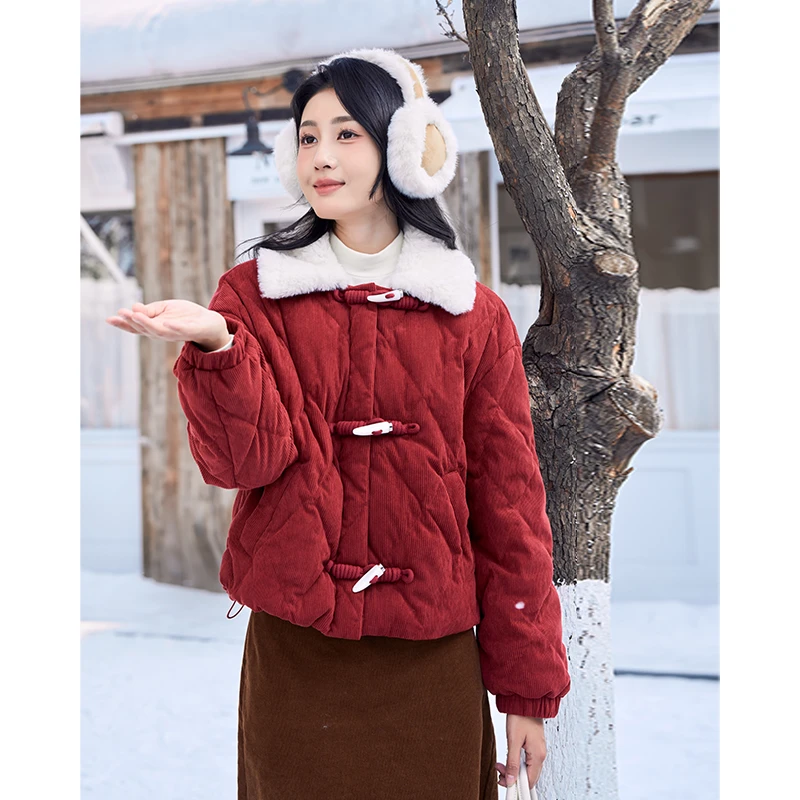 【冬日来信】茵曼冬季鸭绒灯芯绒好羽绒服女毛领菱格厚实衣保暖外套