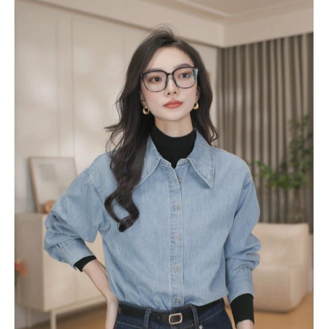 【欧若智性风】茵曼秋季百搭长袖格雷系翻领刺绣纯棉休闲软牛仔衬衫