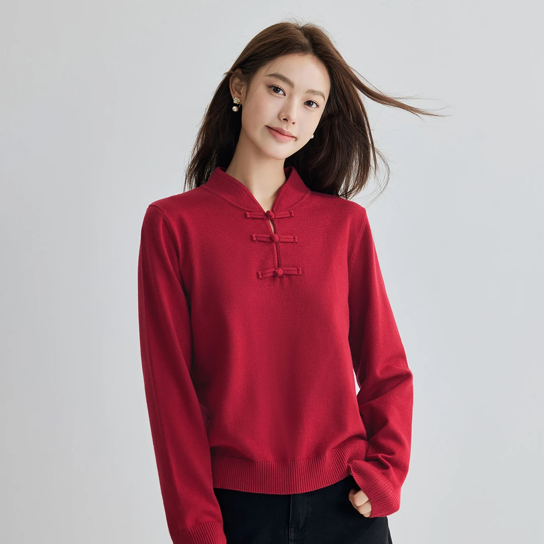 【欧若新中式】茵曼秋季新中式盘扣国风立领毛衣女文艺百搭休闲上衣