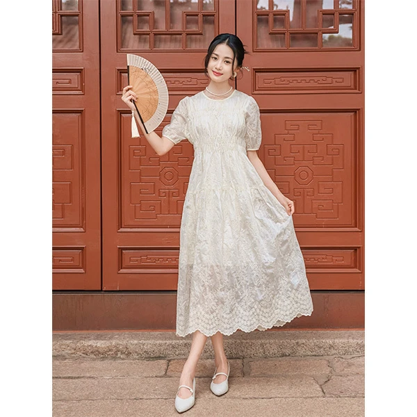 【曼寻光景】茵曼夏季新中式连衣裙女复古气质法式休闲收腰显瘦裙子