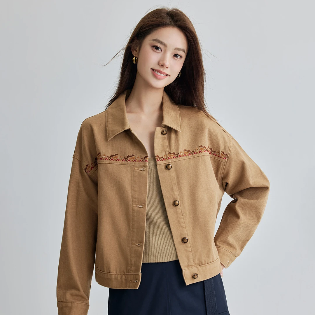 【618抢先购】茵曼全棉复古百搭牛仔外套别致绣花休闲短外套上衣