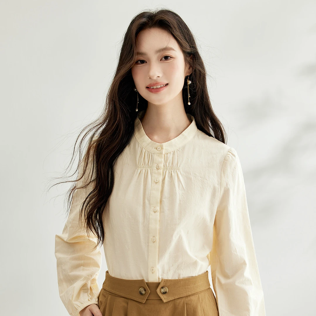 【618返场购】茵曼秋季纯棉简约文艺长袖衬衣通勤立领抽褶衬衫上衣
