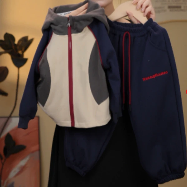 【现货】春季新款韩版休闲宽松拼色儿童连帽休闲外套套装