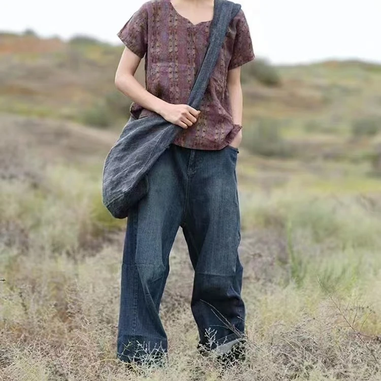 左岸迷香52865做旧牛仔裤休闲水洗百搭复古宽松ML夏季阔腿裤裤子