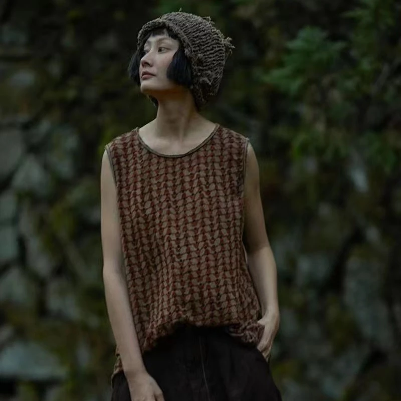 左岸迷香时尚ss4018波浪点针织网红休闲背心宽松咖色无袖ins棉麻