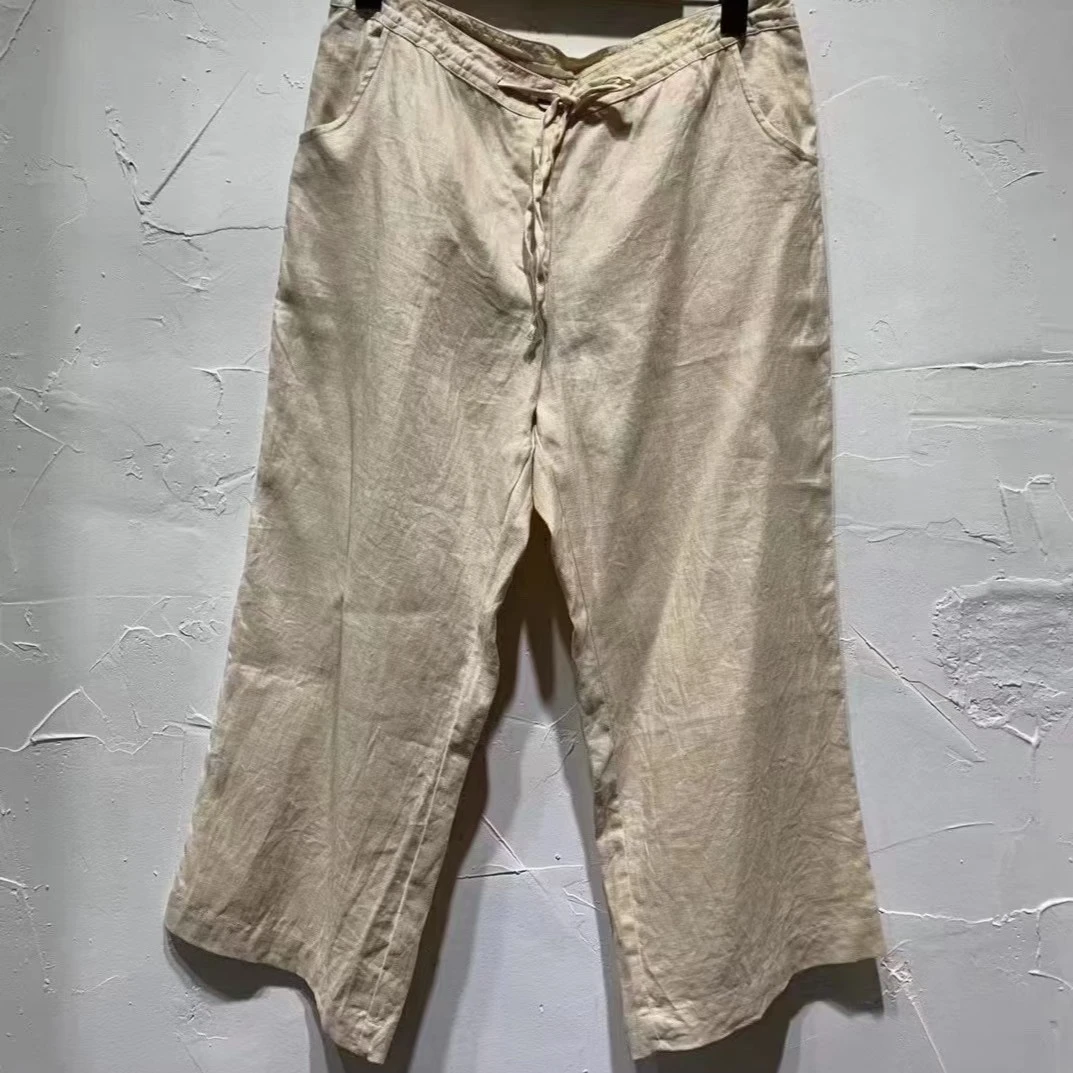 左岸迷香52856亚麻裤子阔腿裤，米白色，泥黑色