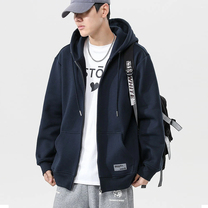 秋冬款连帽拉链开衫卫衣男士加绒冬季潮牌宽松大码运动休闲外套男