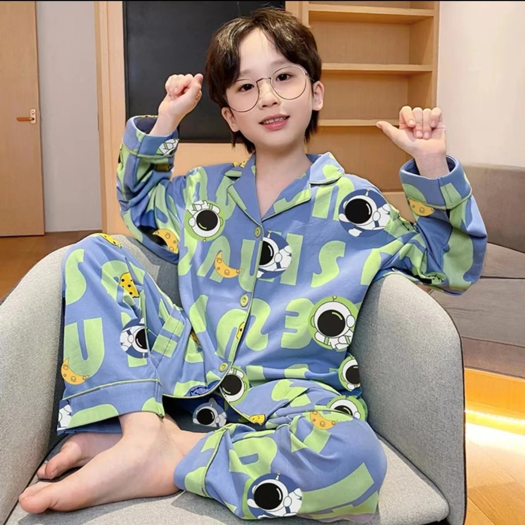100%儿童纯棉睡衣中大童四季薄款家居套装男女春秋长袖卡通套装