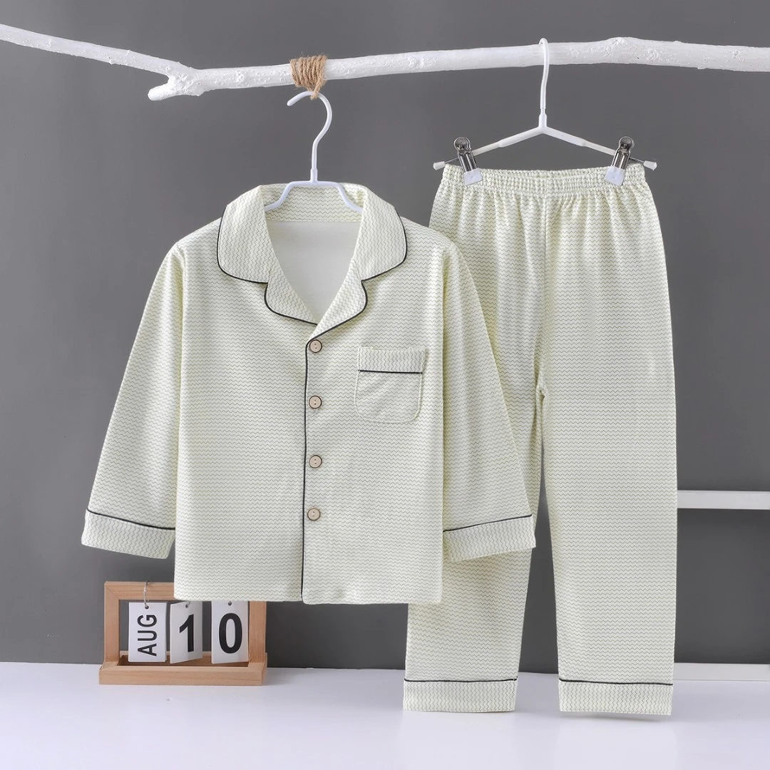 儿童纯棉睡衣中小童四季翻领长袖长裤家居服套装男女春秋家居服