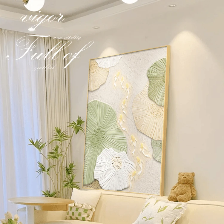 奶油风客厅轻奢九鱼聚财图沙发背景墙玄关高级感沙发背景九鱼图