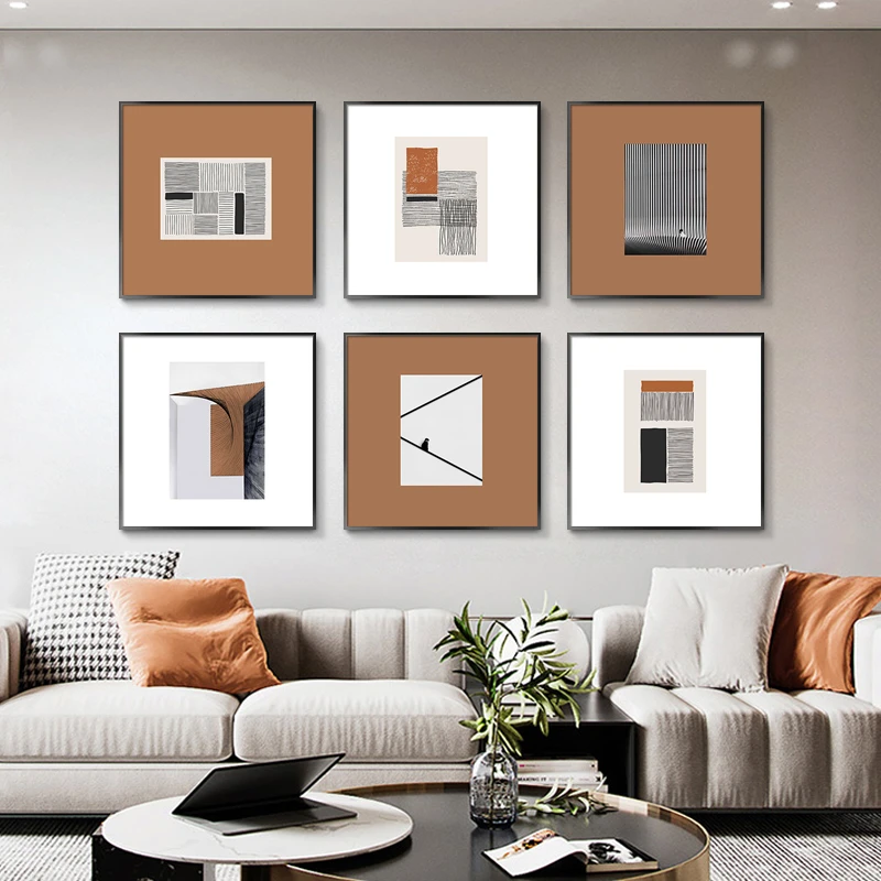 现代简约抽象装饰画线条客厅轻奢北欧艺术橙色壁画餐厅饭厅挂画